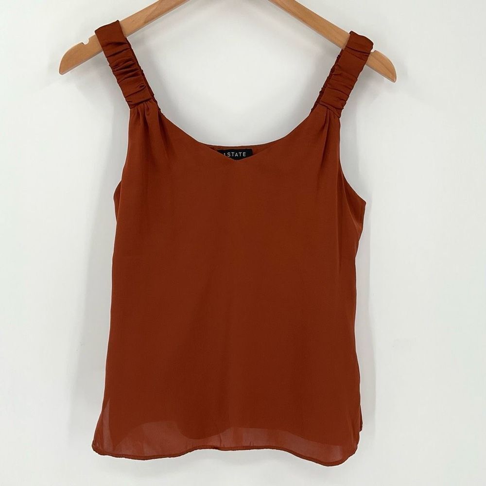 1. State Satin Smocked Strap Tank Top Bronze Brown Women XS